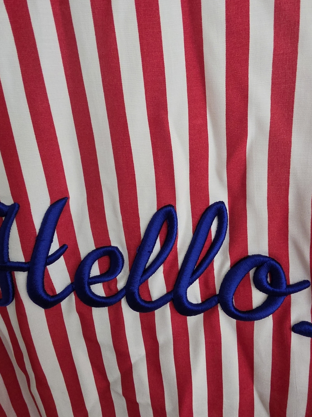 Striped Red and White Soft Robe with Blue Script Embroidery